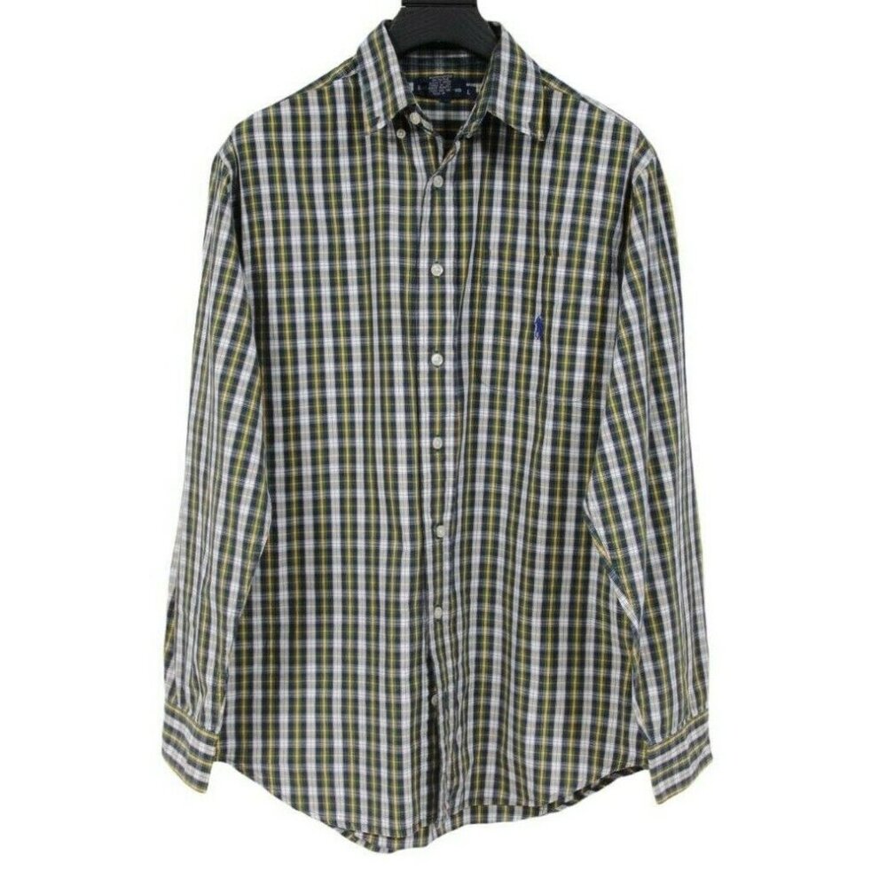 Polo Ralph Lauren Button Down Shirt Large Green Yellow Blue White Plaid Cotton